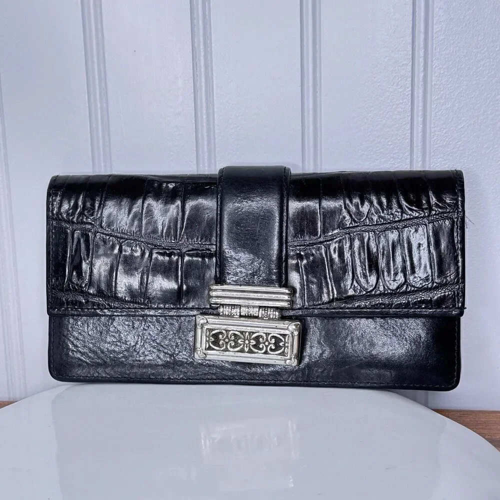 BRIGHTON Wallet Organizer Black Genuine Leather Croc Embossed Silver Accent